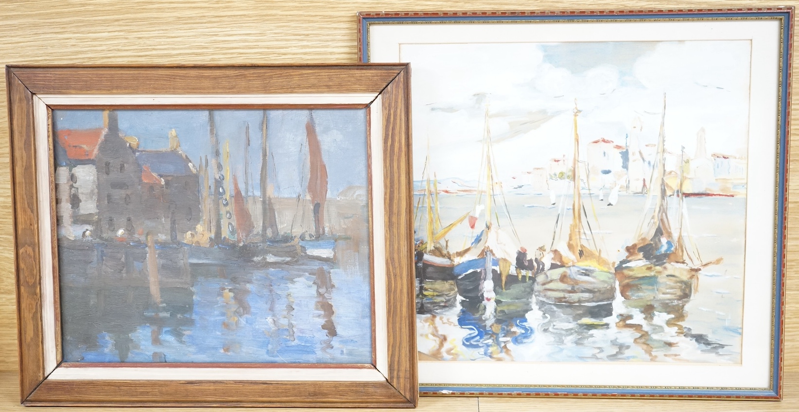 Modern British, oil, ‘Eyemouth Harbour’, inscribed 9th August 1897 verso, together with a similar gouache, Fishing boats before a harbour, largest 26 x 27cm. Condition - good